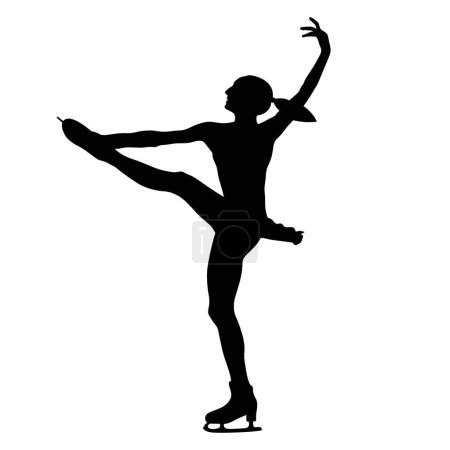 young girl skater performs spin in figure skating, black silhouette on white background, vector illustration