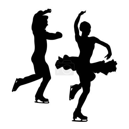 dancing couple skater in figure skating black silhouette on white background, vector illustration