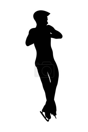 jeune patineur artistique masculin effectuer un saut avec rotation, silhouette noire sur fond blanc, illustration vectorielle