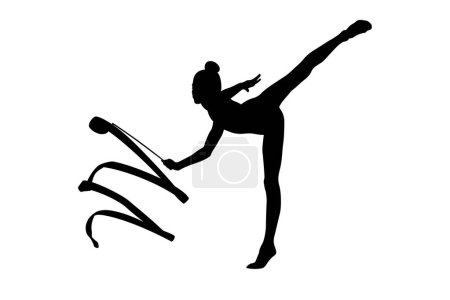 Téléchargez les illustrations : Fille gymnaste noir silhouette exercice ruban en gymnastique rythmique sur fond blanc, illustration vectorielle - en licence libre de droit