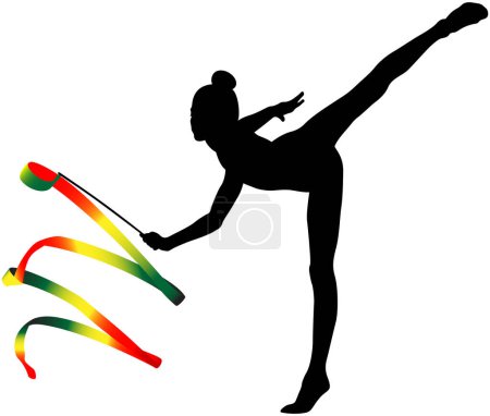 Téléchargez les illustrations : Jeune gymnaste femme exercice ruban de couleur en gymnastique rythmique, silhouette noire sur fond blanc, illustration vectorielle - en licence libre de droit