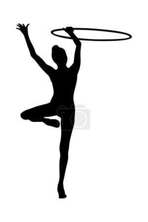 Illustration for Young woman exercise with hoop rhythmic gymnastics, black silhouette on white background, vector illustration - Royalty Free Image