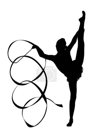 Téléchargez les illustrations : Jeune gymnaste féminine exercice avec pose de ruban fente verticale en gymnastique rythmique, silhouette noire sur fond blanc, illustration vectorielle - en licence libre de droit