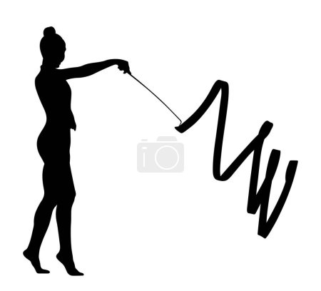 Téléchargez les illustrations : Gymnastique artistique fille gymnaste avec ruban vue de côté, silhouette noire sur fond blanc, illustration vectorielle - en licence libre de droit