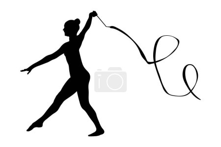 Téléchargez les illustrations : Gymnaste féminine avec ruban dans sa main compétition gymnastique rythmique, silhouette noire sur fond blanc, illustration vectorielle - en licence libre de droit
