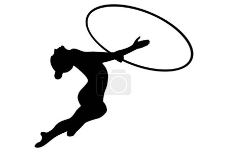 Illustration for Girl athlete gymnast with hoop rhythmic gymnastics, black silhouette on white background, vector illustration - Royalty Free Image