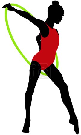 Téléchargez les illustrations : Jeune fille gymnaste gracieuse en maillot de bain rouge et avec cerceau vert en gymnastique rythmique, contour sur fond blanc, illustration vectorielle - en licence libre de droit