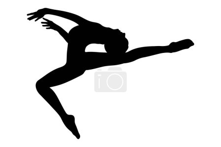Téléchargez les illustrations : Cerf split saut fille gymnaste en gymnastique rythmique, silhouette noire sur fond blanc, illustration vectorielle, jeux olympiques d'été - en licence libre de droit