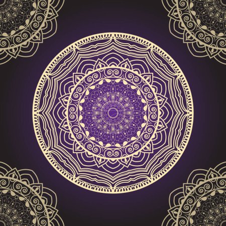 Téléchargez les photos : Mandala design Ramadan couleur or vecteur illustration, fond dégradé violet et bleu - en image libre de droit
