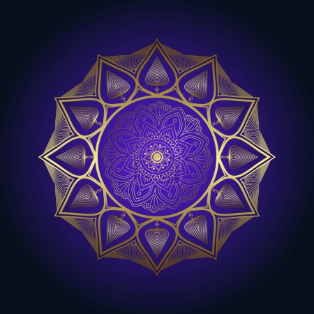 Téléchargez les photos : Mandala design Ramadan couleur or vecteur illustration, fond dégradé violet et bleu - en image libre de droit
