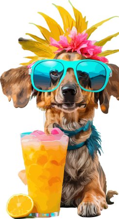 Téléchargez les photos : Imprimer Un chien portant des lunettes de soleil, tenant une boisson tropicale - en image libre de droit