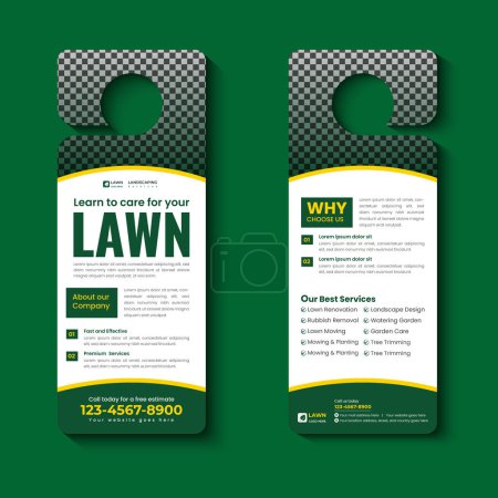 Rasenpflege und Landschaftspflege, Rasentrimmen, Türaufhänger-Vorlage oder Rasenmäher und Rasenpflege Türaufhänger-Vorlage Vektor-Layout