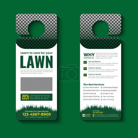 Rasenpflege und Landschaftspflege, Rasentrimmen, Türaufhänger-Vorlage oder Rasenmäher und Rasenpflege Türaufhänger-Vorlage Vektor-Layout