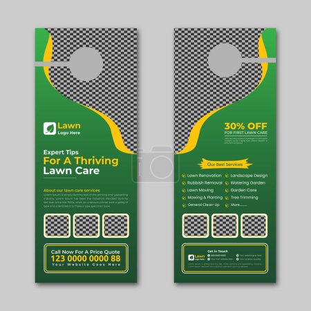 lawn care and landscaping, lawn trimming, door hanger template, Or lawn mower and Lawn Maintenance door hanger template vector layout