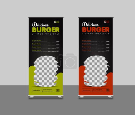 Illustration for Food roll-up banner template or restaurant services promotion x stand rollup pull-up retractable signage banner design - Royalty Free Image