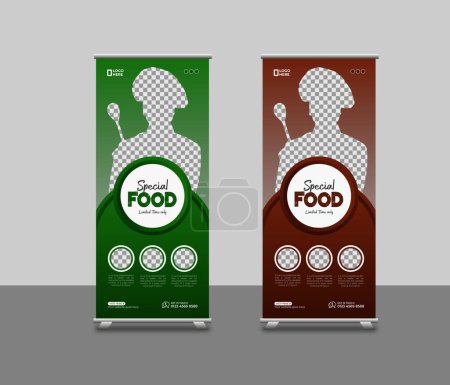 Illustration for Food roll-up banner template or restaurant services promotion x stand rollup pull-up retractable signage banner design - Royalty Free Image