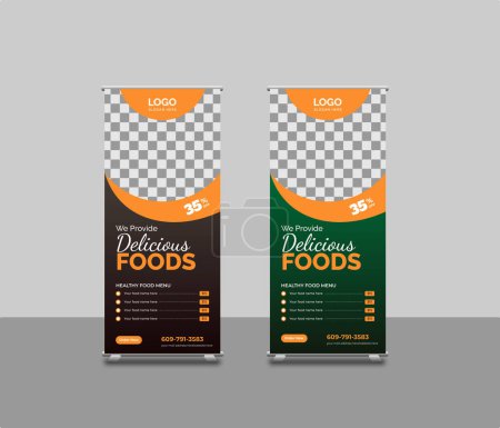 Illustration for Modern food rollup template design two colors, food rollup banner design. Corporate roll-up design for restaurants. Vertical, roll-up template, vector illustration template - Royalty Free Image