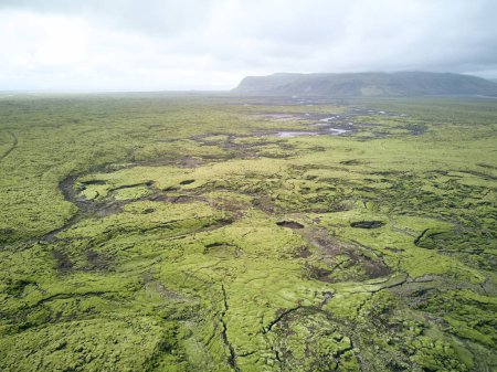 Photo for Volcanic green moss lava field and black mountain from above. High quality photo - Royalty Free Image