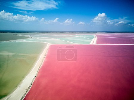 Las Coloradas Pink lake , Mexico . Drone. High quality photo
