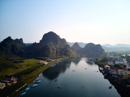 Dong Hoi on Nhat Le river, Vietnam. drone . High quality photo