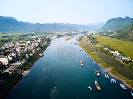 Dong Hoi on Nhat Le river, Vietnam. drone . High quality photo