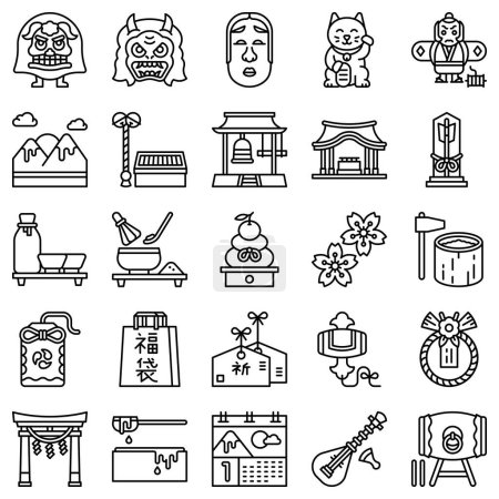 Téléchargez les illustrations : Ensemble d'icônes liées au Nouvel An japonais, illustration vectorielle - en licence libre de droit