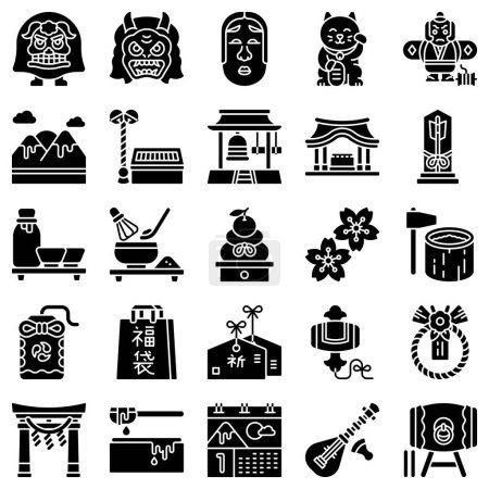 Téléchargez les illustrations : Ensemble d'icônes solides liées au Nouvel An japonais, illustration vectorielle - en licence libre de droit