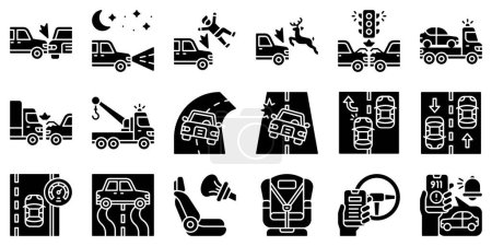 Accidente de coche y seguridad icono sólido relacionado conjunto 2, ilustración vectorial