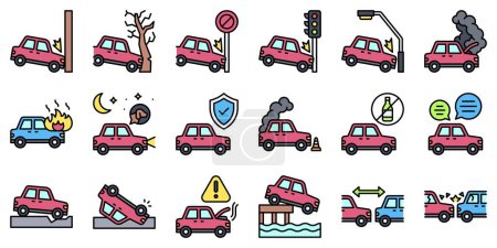 Accident de voiture et sécurité liée jeu d'icônes rempli 1, illustration vectorielle