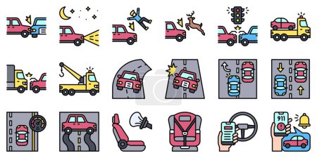 Ensemble d'icônes remplies accident de voiture et sécurité, illustration vectorielle