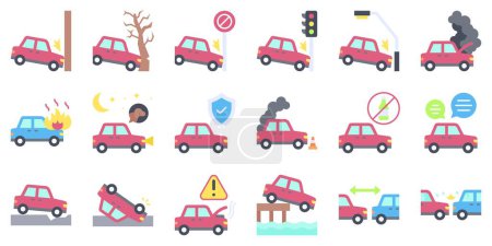 Autounfall und sicherheitsrelevante flache Symbole Set 1, Vektorillustration
