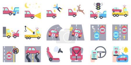 Accidente de coche y seguridad relacionados conjunto de iconos planos 2, ilustración vectorial