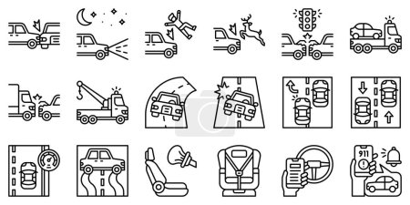 Autounfall und sicherheitsbezogene Liniensymbole Set 2, Vektorillustration