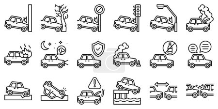 Autounfall und sicherheitsbezogene Liniensymbole Set 1, Vektorillustration