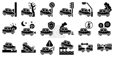 Ensemble d'icônes solides liées à l'accident de voiture et à la sécurité 1, illustration vectorielle