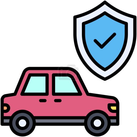 Coche con icono de símbolo de escudo, accidente de coche e ilustración vectorial relacionada con la seguridad