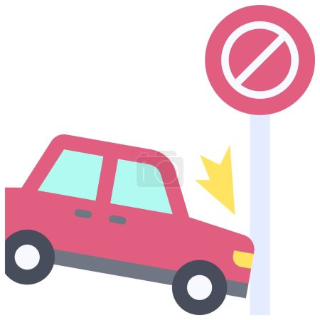 El coche se estrelló contra un icono de poste de señal de tráfico, accidente de coche e ilustración vectorial relacionada con la seguridad
