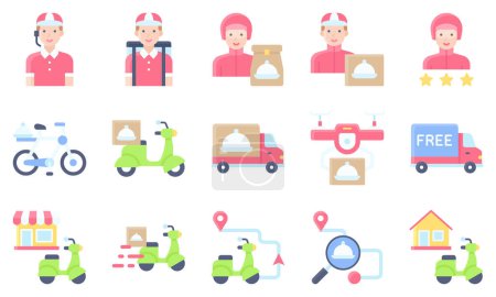 Illustration for Food delivery essentials icons set 3, flat style vector illustration - Royalty Free Image
