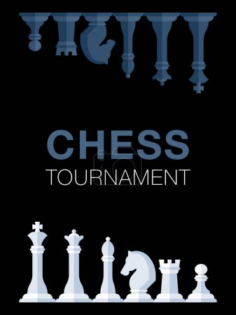 Ilustración vectorial con un conjunto de piezas de ajedrez en blanco y negro dispuestas de una manera perfecta para un póster de torneo de ajedrez