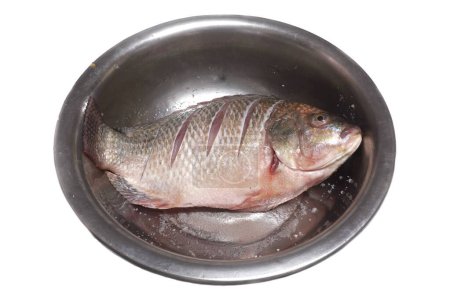 Photo for White background photo Salted tilapia in a stainless steel bowl - Royalty Free Image