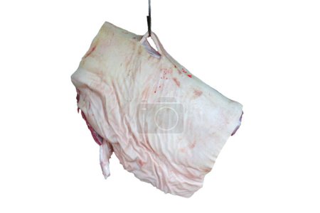 Téléchargez les photos : Parties du corps de porc suspendues sur un fond blanc. - en image libre de droit