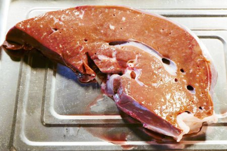 Téléchargez les photos : Foie de buffle, placé dans un plateau en acier inoxydable - en image libre de droit