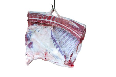 Téléchargez les photos : Morceaux de ventre de porc, côtes, suspendus sur un fond blanc. - en image libre de droit