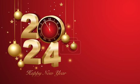 Ilustración de Feliz año nuevo 2024. 3d números de oro con la decoración de Navidad de oro y confeti sobre fondo oscuro. Diseño de tarjeta de felicitación navideña. - Imagen libre de derechos