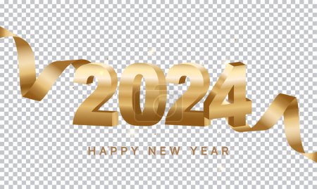 Ilustración de Feliz Año Nuevo 2024. Números 3D dorados con cintas y confeti, aislados sobre fondo transparente. - Imagen libre de derechos