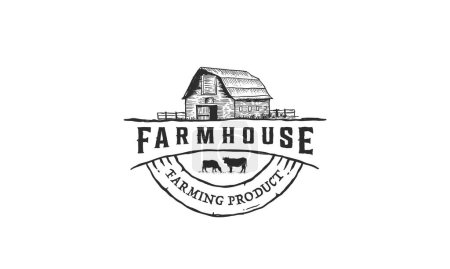 arm House concept logo. Template with farm landscape. Label for natural farm products. Black logotype isolated on white background. Vector illustration.