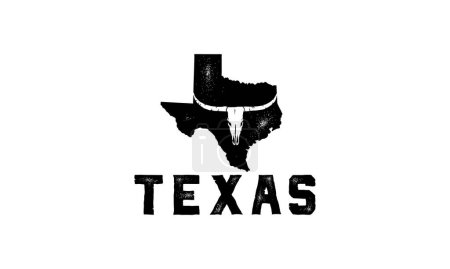 Téléchargez les illustrations : Carte drapeau du Texas et longhorn avec effet timbre vintage isolé sur fond blanc. Modèle vectoriel - en licence libre de droit