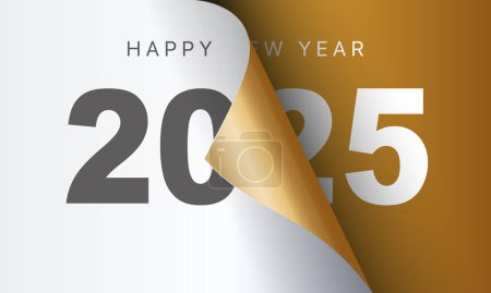 Happy New Year 2025 greeting card design template. End of 2024 and beginning of 2024. The concept of the beginning of the New Year. The calendar page turns over and the new year begins.