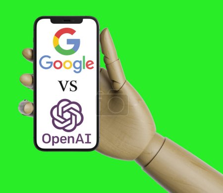 Photo for Robotic hand holding iphone with Google vs Open Ai Concept with green screen - Royalty Free Image
