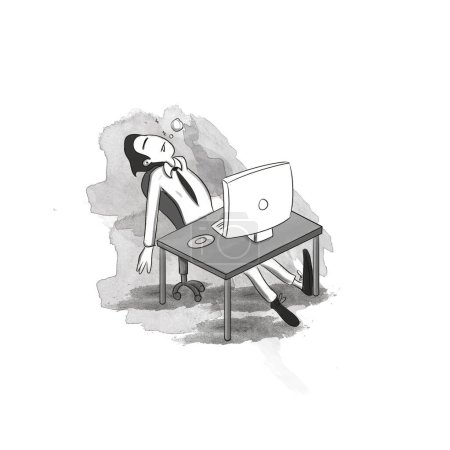 Müder Mann Büroangestellter auf dem Stuhl sitzend, Batterieenergie schwach. Corporate illustration. Linienzeichnung eines müden Mannes mit digitalem Computer. Linie Art Illustration.